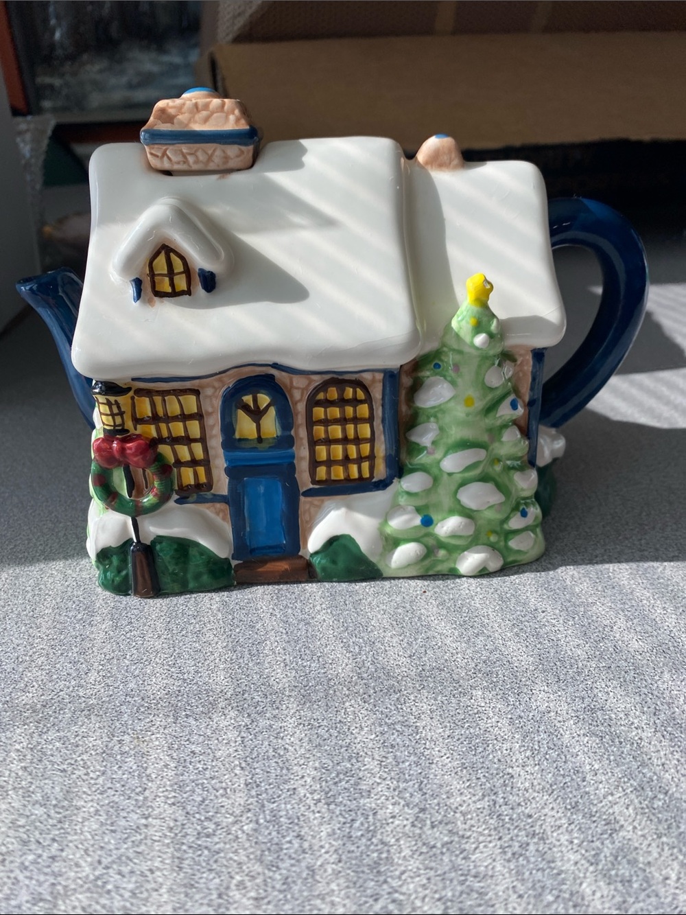 Thomas Kinkade Blue, White & Green Festive Cottage Teapot